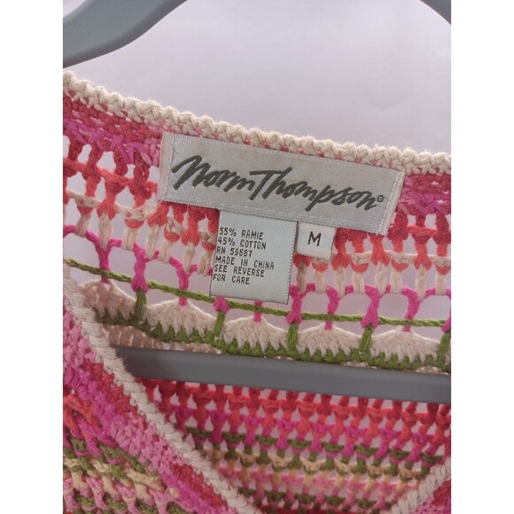 Norm Thompson Vintage Pink Green Red Striped Open Knit Crocheted Cardigan Size M - Picture 2 of 7